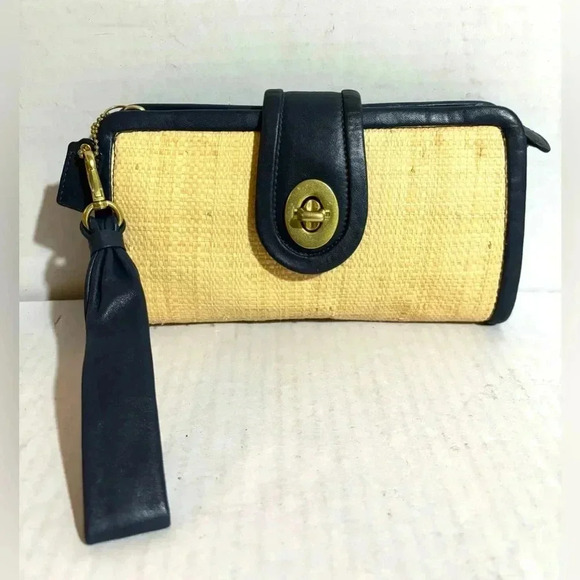 Coach beige straw & navy blue leather clutch wristlet - Picture 1 of 9